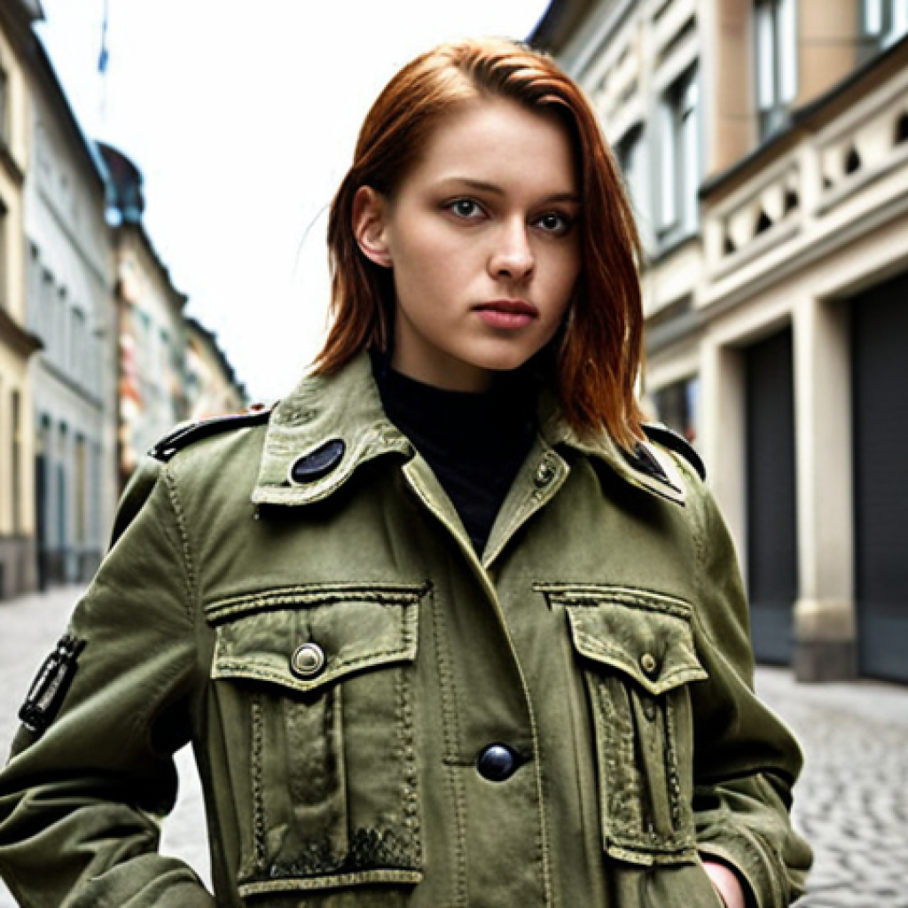 A stylish jacket made from upcycled old army fabric in a trendy Berlin street style setting, showcasing the unique character and history of the material. Focus on the texture of the repurposed fabric and the modern design of the garment.
