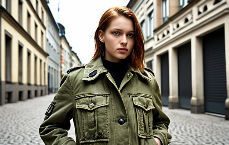 A stylish jacket made from upcycled old army fabric in a trendy Berlin street style setting, showcasing the unique character and history of the material. Focus on the texture of the repurposed fabric and the modern design of the garment.