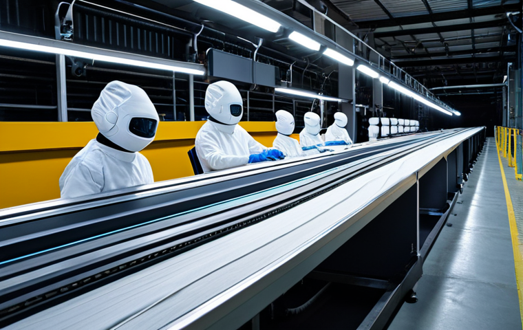 A professional photograph of a high-tech textile recycling facility. Automated robotic arms precisely sort various discarded fabrics on a futuristic conveyor belt, illuminated by bright industrial lighting. In the background, large-scale machinery processes the materials, with new, high-quality regenerated fibers or textile rolls emerging, symbolizing a closed-loop system. The scene is clean, efficient, and emphasizes technological innovation.
* safe for work, appropriate content, fully clothed, professional, family-friendly, perfect anatomy, correct proportions, natural pose, well-formed hands, proper finger count, natural body proportions, professional photography, high quality.
