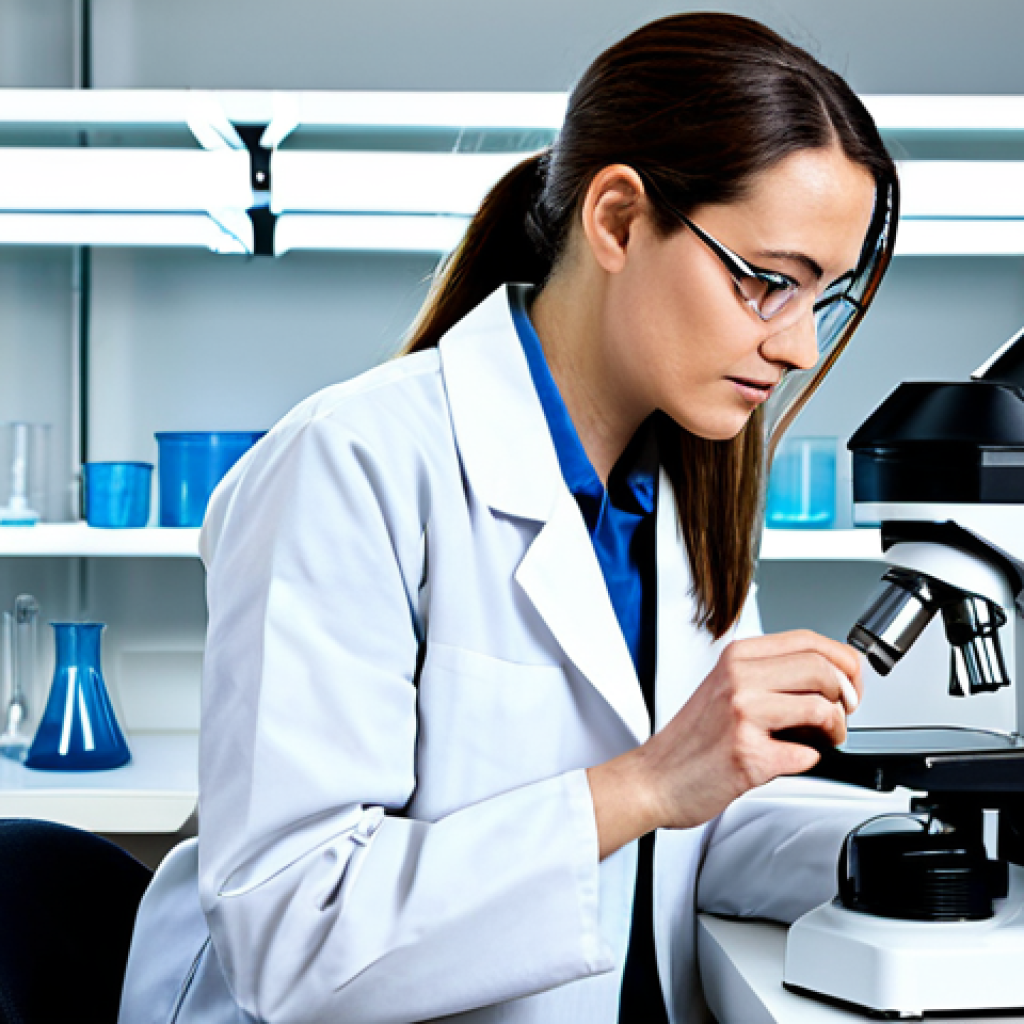A focused female scientist wearing a crisp, white lab coat over a modest, professional top and trousers. She is in a cutting-edge textile research laboratory, bright and clean, with transparent beakers containing liquids and spools of regenerated fibers in the background, possibly a digital microscope displaying fiber structures. She holds a piece of regenerated fabric, examining it closely with a thoughtful, professional expression, in a natural pose. Professional photography, high resolution, soft studio lighting, sharp focus on the subject, perfect anatomy, correct proportions, well-formed hands, proper finger count, natural body proportions, safe for work, appropriate content, fully clothed, professional dress.