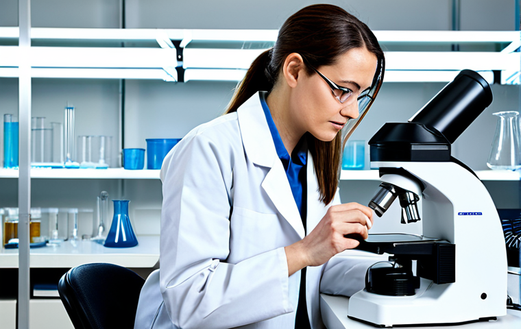 A focused female scientist wearing a crisp, white lab coat over a modest, professional top and trousers. She is in a cutting-edge textile research laboratory, bright and clean, with transparent beakers containing liquids and spools of regenerated fibers in the background, possibly a digital microscope displaying fiber structures. She holds a piece of regenerated fabric, examining it closely with a thoughtful, professional expression, in a natural pose. Professional photography, high resolution, soft studio lighting, sharp focus on the subject, perfect anatomy, correct proportions, well-formed hands, proper finger count, natural body proportions, safe for work, appropriate content, fully clothed, professional dress.