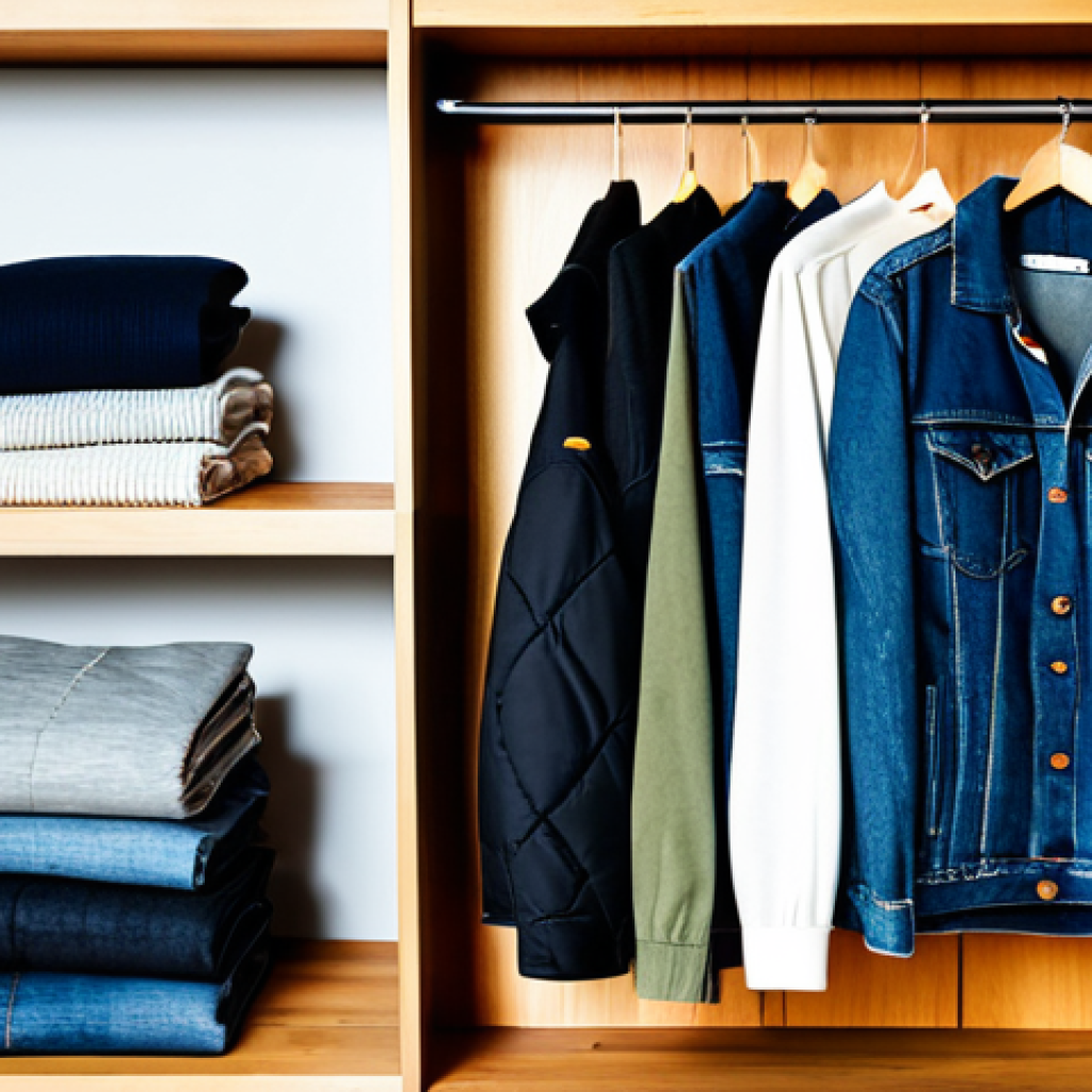**
A well-lit photograph showcasing a variety of clothing items made from recycled materials. The items (jeans, t-shirt, jacket) are neatly arranged on a sustainable wooden shelf in a modern, minimalist store. Each item has a tag indicating its recycled content and relevant certifications (e.g., GRS, OEKO-TEX). Background shows other eco-friendly products. Focus on the textures and details of the fabrics. Safe for work, appropriate content, fully clothed, professional. Perfect anatomy, correct proportions, natural presentation, high quality.
**
