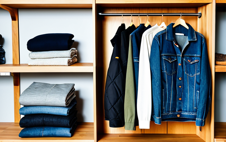 **
A well-lit photograph showcasing a variety of clothing items made from recycled materials. The items (jeans, t-shirt, jacket) are neatly arranged on a sustainable wooden shelf in a modern, minimalist store. Each item has a tag indicating its recycled content and relevant certifications (e.g., GRS, OEKO-TEX). Background shows other eco-friendly products. Focus on the textures and details of the fabrics. Safe for work, appropriate content, fully clothed, professional. Perfect anatomy, correct proportions, natural presentation, high quality.
**