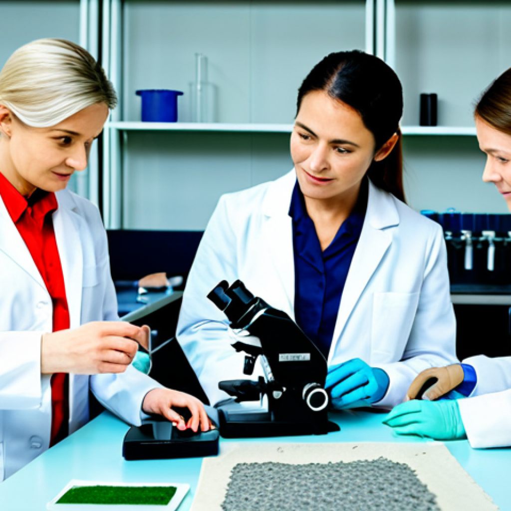 **Prompt:** A collaborative international research team, fully clothed in lab coats, working together in a brightly lit, modern textile laboratory, examining recycled fiber samples under microscopes. Sustainable fashion concept. Safe for work, appropriate content, perfect anatomy, natural proportions, professional, modest, family-friendly, high quality, well-formed hands, proper finger count, natural body proportions.