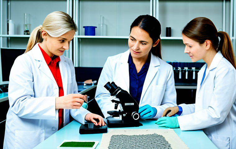 **Prompt:** A collaborative international research team, fully clothed in lab coats, working together in a brightly lit, modern textile laboratory, examining recycled fiber samples under microscopes. Sustainable fashion concept. Safe for work, appropriate content, perfect anatomy, natural proportions, professional, modest, family-friendly, high quality, well-formed hands, proper finger count, natural body proportions.