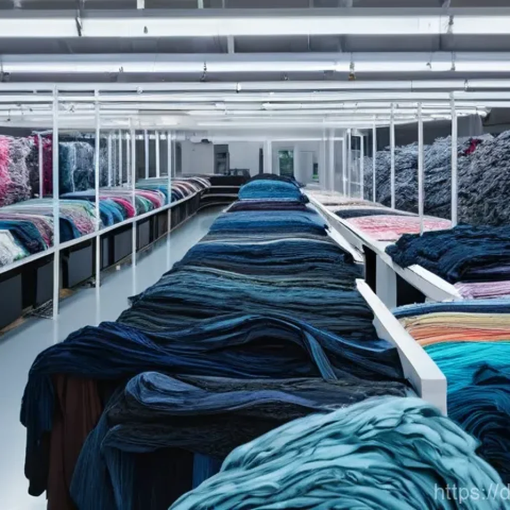 재생 섬유와 기술 혁신의 융합 - **Prompt:** A vibrant, futuristic textile recycling facility where old, colorful clothes are being t...