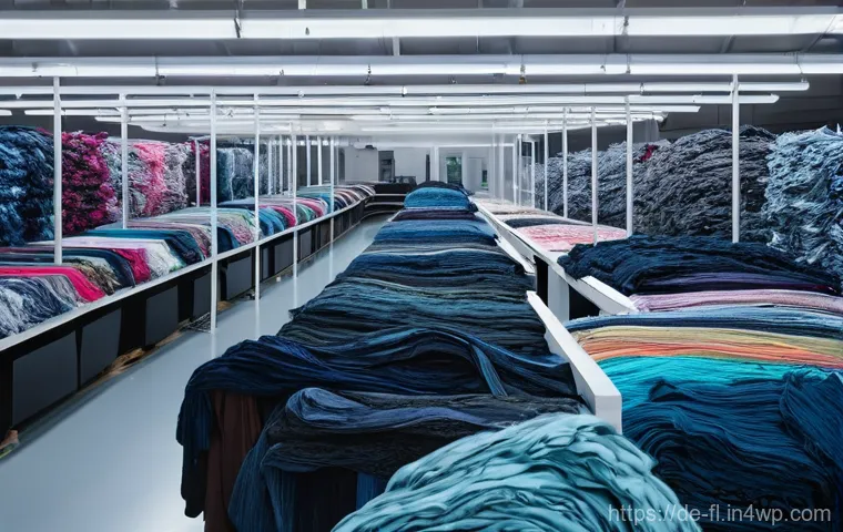 재생 섬유와 기술 혁신의 융합 - **Prompt:** A vibrant, futuristic textile recycling facility where old, colorful clothes are being t...