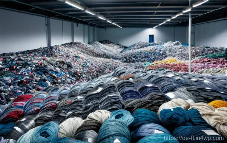재생 섬유 사용의 법적 규제 - **Prompt:** A visually striking scene depicting the enormous scale of textile waste juxtaposed with ...