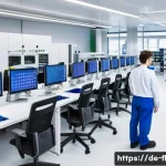 Home 18 재생 섬유 기술의 글로벌 협력 사례 - A high-tech European research laboratory focused on sustainable textile recycling, showing interdisc...