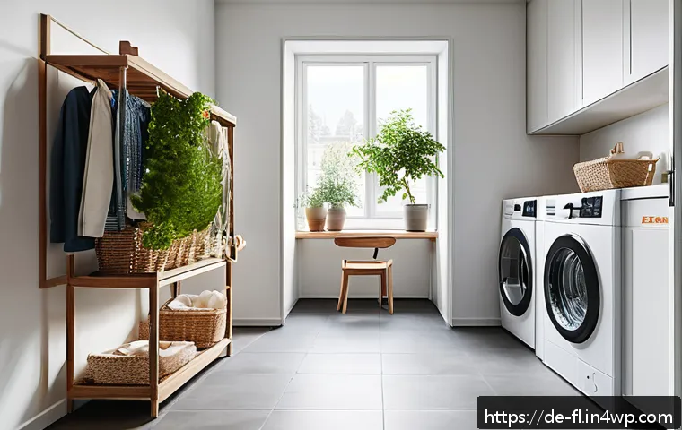 재생 섬유의 세탁 및 관리 방법 - A cozy modern laundry room in a German apartment featuring eco-friendly washing practices: a front-l...