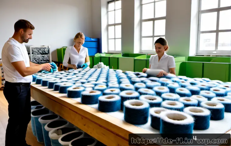 Home 17 재생 섬유를 활용하는 새로운 비즈니스 모델 - Photorealistic circular-economy textile workshop in Germany, a diverse small business team sorting c...