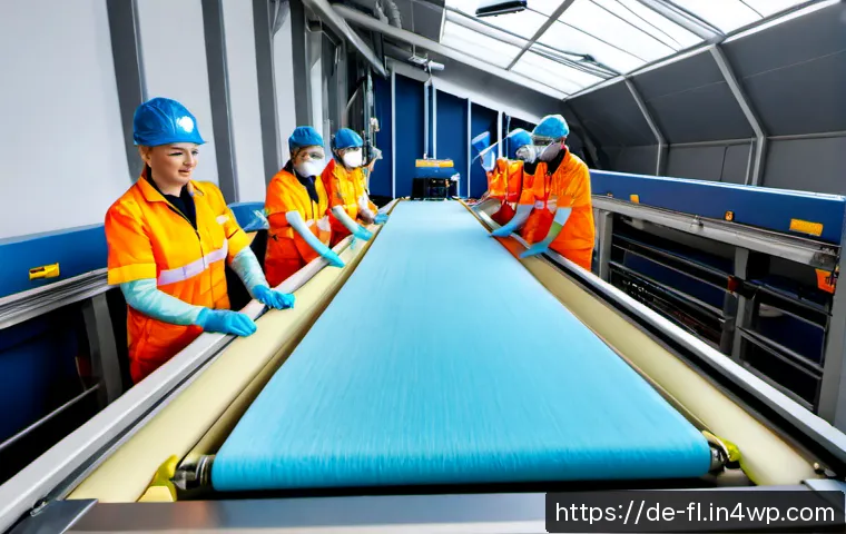 재생 섬유의 생산 효율성을 높이는 방안 - Photorealistic modern recycled textile fiber sorting facility in Germany, diverse workers wearing cl...