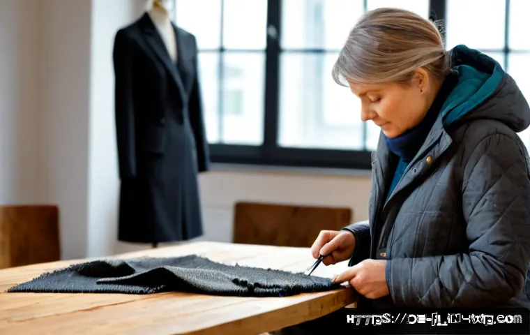 재생 섬유를 이용한 혁신적인 제품 사례 - Photorealistic sustainable fashion workshop in Germany, a middle-aged designer examining a premium c...